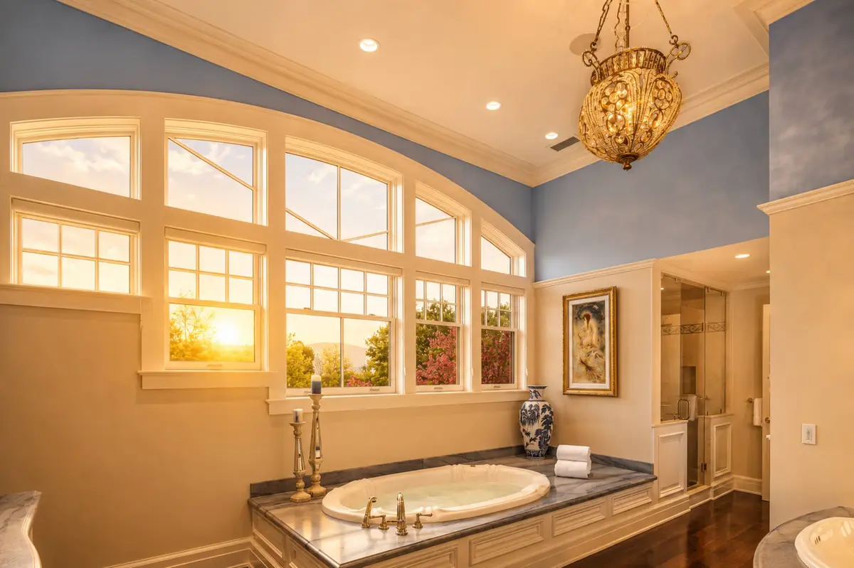 Luxury master bathroom en-suite showing a soaking tub set in a dark marble deck under a dramatic arched window framing a mountain sunset.